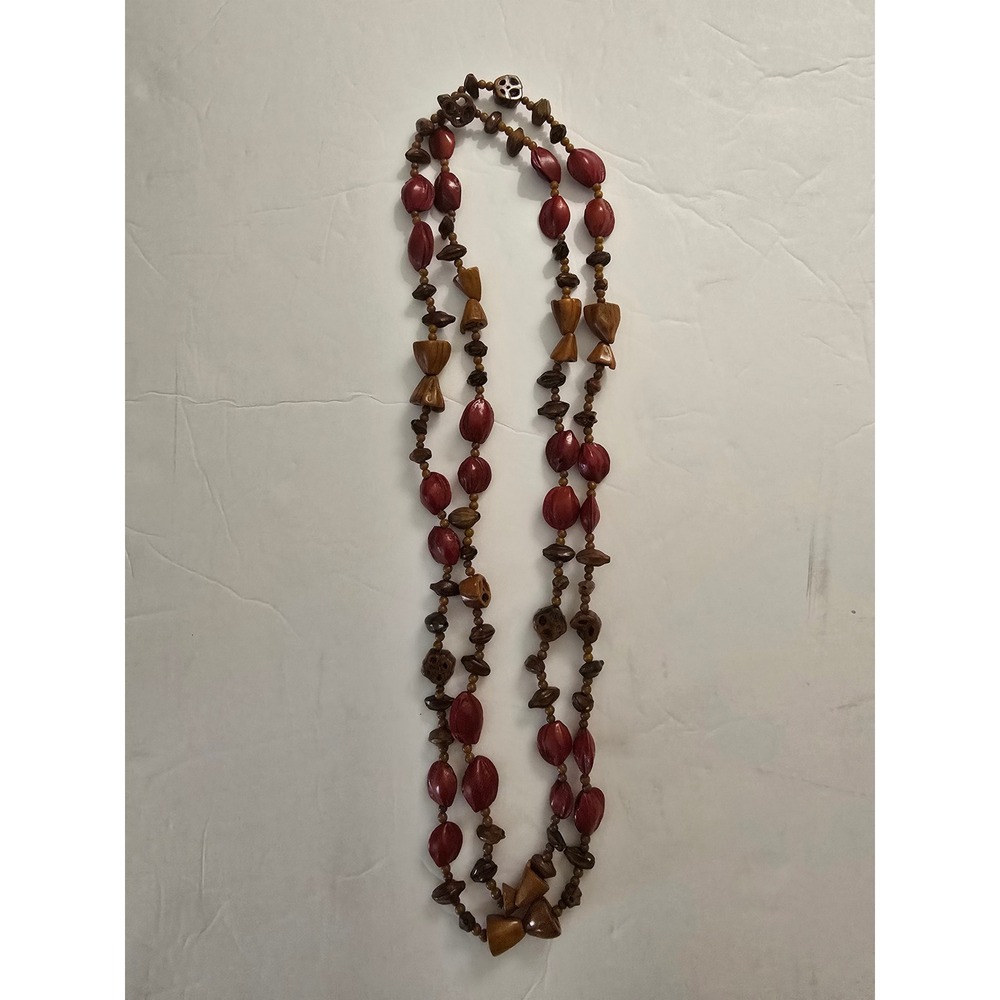 Vintage Boho Natural Wood Seed Bead Long Necklace Red Brown Earth Tones Layering